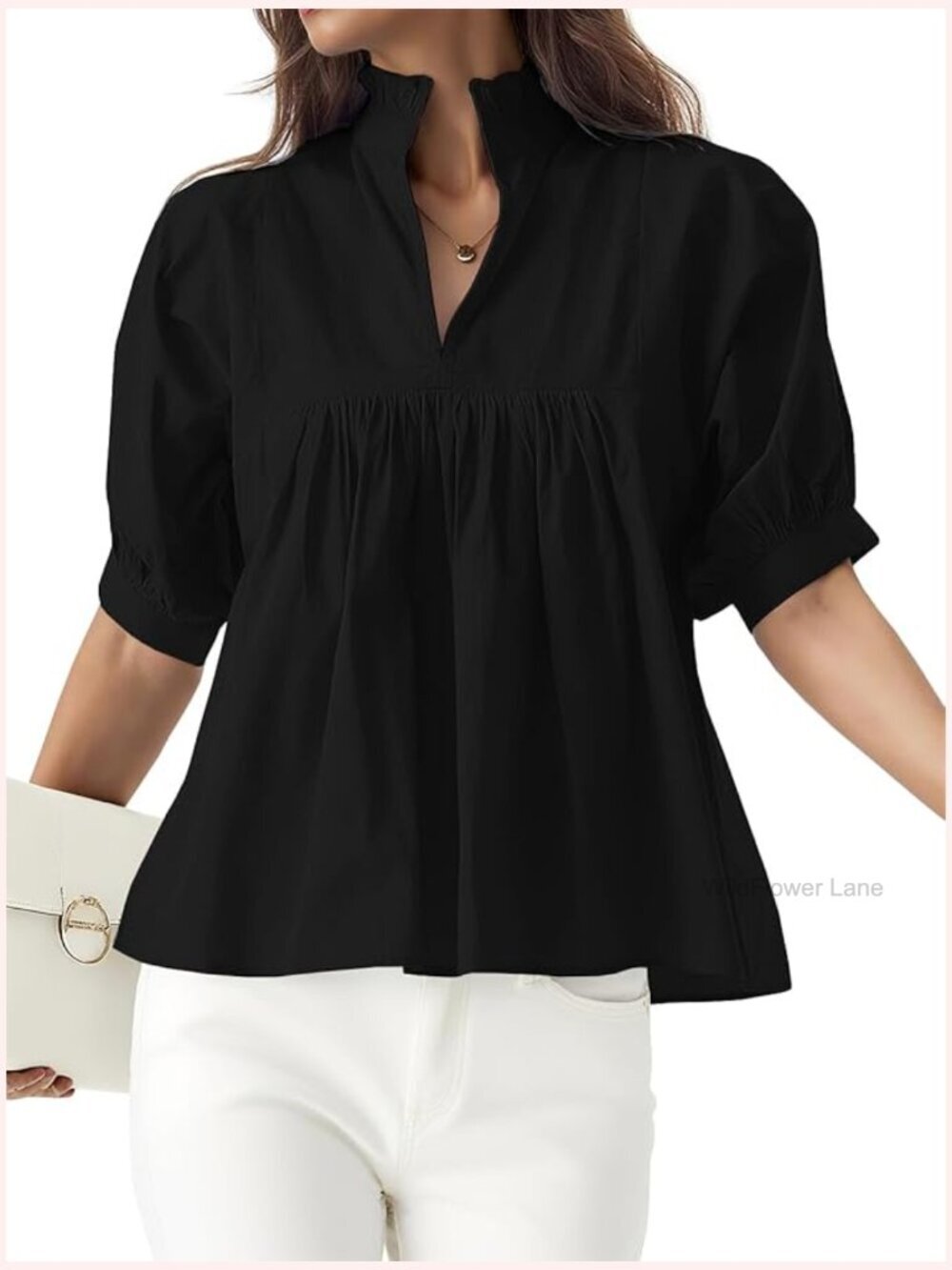 Women's Cotton Puff Sleeve Blouse V-Neck Peplum Babydoll Dressy Casual Shirt